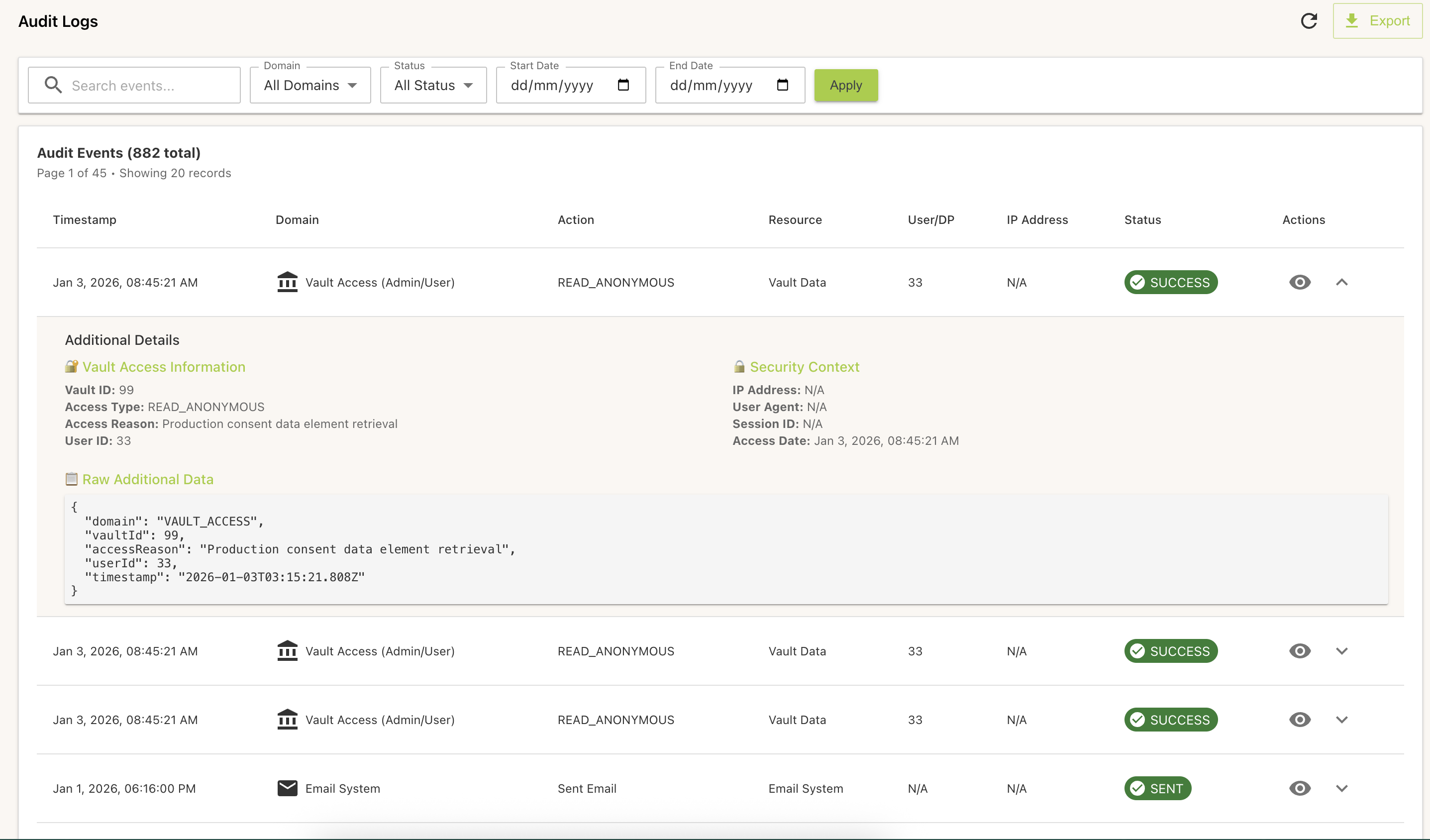 Audit log with filters and export